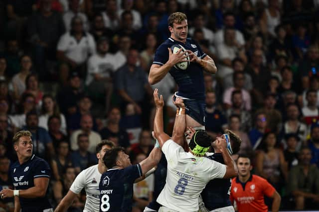 Richie Gray wins lineout ball against France at the Geoffroy-Guichard Stadium, an area of the game in which Scotland impressed.  (Photo by JEFF PACHOUD/AFP via Getty Images)