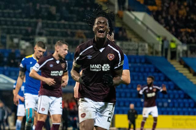 Hearts' Armand Gnanduillet reacts to a missed chance during the 1-1 draw at St Johnstone.  (Photo by Ross MacDonald / SNS Group)