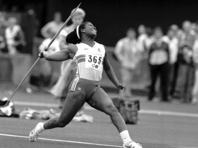 English athlete Tessa Sanderson taking part in the javelin event at the1986 Commonwealth Games.