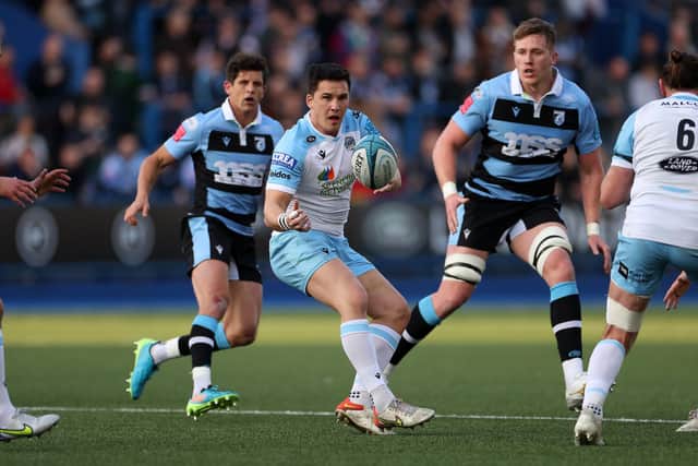 Glasgow's Scott Cummings receives a pass during the URC defeat in Cardiff. Photo by Chris Fairweather/Huw Evans/Shutterstock (12868042m)