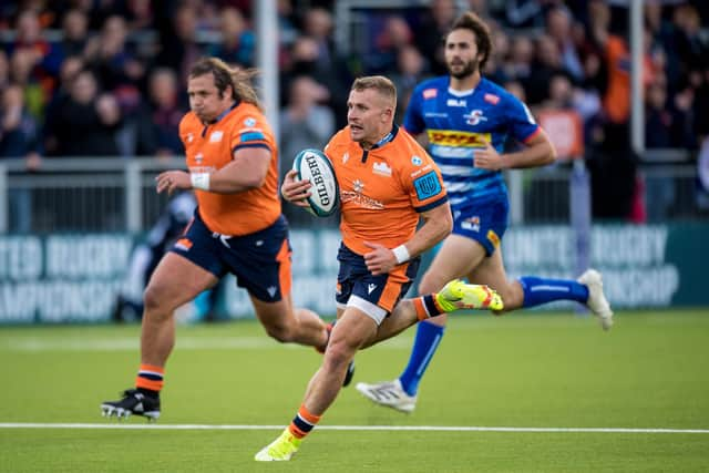 Ben Vellacott scores an early try for Edinburgh against the Stormers at the DAM Health Stadium. (Photo by Ross Parker / SNS Group)