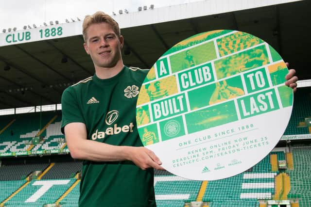 Celtic's Stephen Welsh promotes the club's season-ticket renewals at Parkhead on Wednesday. (Photo by Craig Foy / SNS Group)