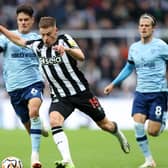 Harvey Barnes of Newcastle United v Brentford earlier this season. The forward is currently injured but is reportedly willing to switch from England to Scotland (Photo by George Wood/Getty Images)