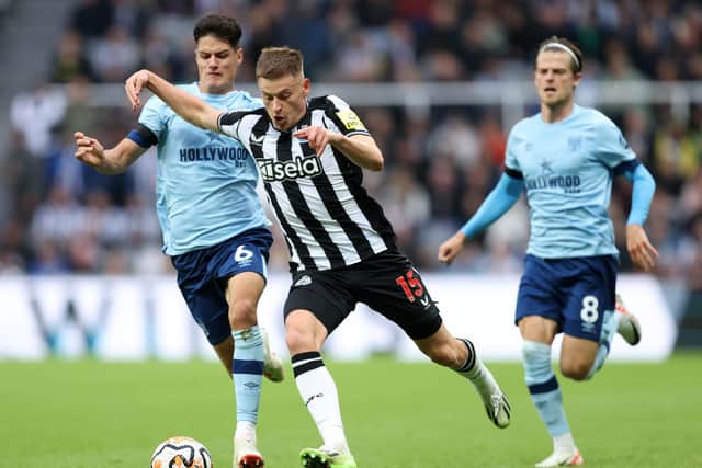 Harvey Barnes of Newcastle United v Brentford earlier this season. The forward is currently injured but is reportedly willing to switch from England to Scotland (Photo by George Wood/Getty Images)