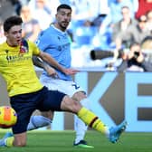 Mattia Zaccagni of Lazio compete for the ball with Aaron Hickey of Bologna last month