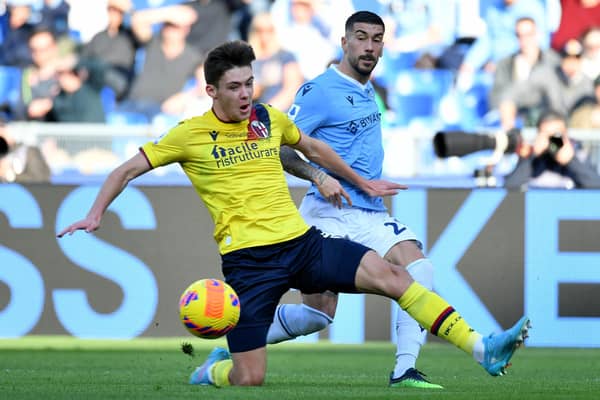 Mattia Zaccagni of Lazio compete for the ball with Aaron Hickey of Bologna last month