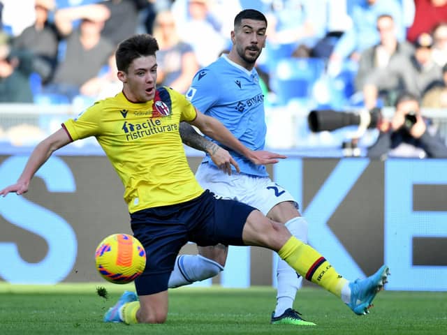 Mattia Zaccagni of Lazio compete for the ball with Aaron Hickey of Bologna last month
