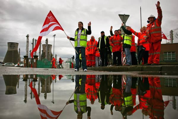 Workers picket at the Grangemouth oil refinery during the industrial action in April 2008. Picture: Jeff J Mitchell/Getty Images