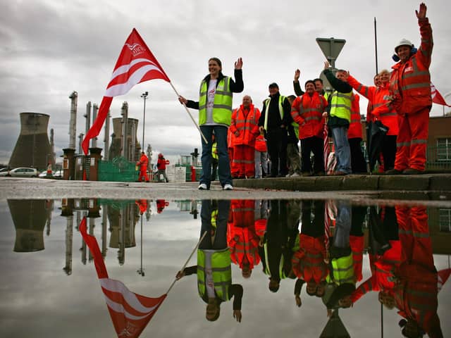 Workers picket at the Grangemouth oil refinery during the industrial action in April 2008. Picture: Jeff J Mitchell/Getty Images