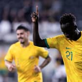 Hearts' Garang Kuol celebrates his first goal for Australia during the 3-1 win over Ecuador in Sydney on Friday. Photo by Damian Briggs/Speed Media/Shutterstock
