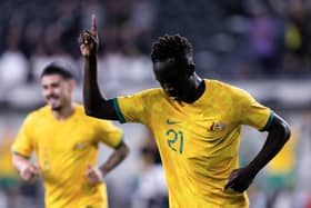 Hearts' Garang Kuol celebrates his first goal for Australia during the 3-1 win over Ecuador in Sydney on Friday. Photo by Damian Briggs/Speed Media/Shutterstock