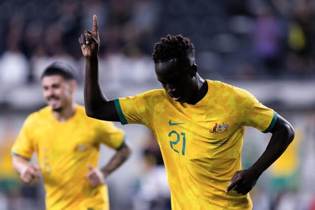 Hearts' Garang Kuol celebrates his first goal for Australia during the 3-1 win over Ecuador in Sydney on Friday. Photo by Damian Briggs/Speed Media/Shutterstock