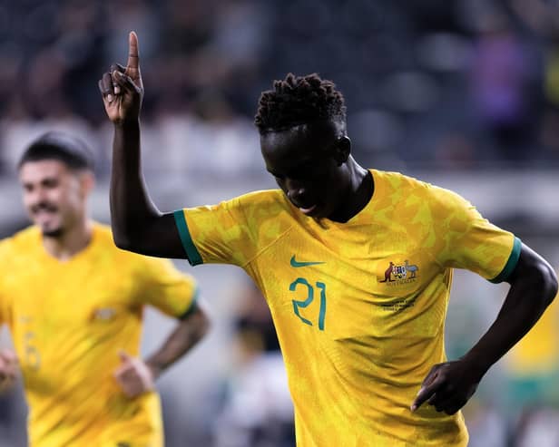 Hearts' Garang Kuol celebrates his first goal for Australia during the 3-1 win over Ecuador in Sydney on Friday. Photo by Damian Briggs/Speed Media/Shutterstock