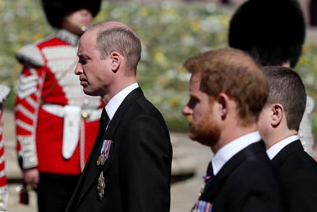Prince William and Prince Harry during the procession of the funeral of Prince Philip. Picture: Gareth Fuller/WPA Pool/Getty