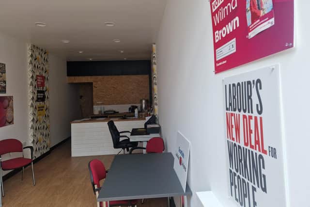 Campaign posters for Labour parliamentary candidate Wilma Brown in Kirkcaldy have appeared in a vacant High Street shop, believed to be her possible campaign base.for the election ahead. Picture: Fife Free Press