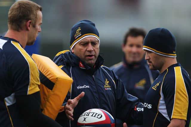 David Nucifora, centre, with Mark Chisholm, left, and Matt Giteau during an Australian Wallabies training session in 2010.  (Photo by Dean Mouhtaropoulos/Getty Images)