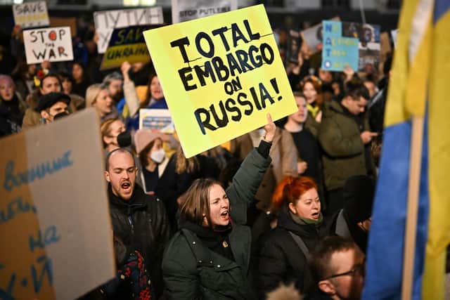 People demonstrate in support of Ukraine in Whitehall last year