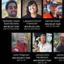 Photos issued by World Central Kitchen of (top row left to right) Palestinian Saifeddin Issam Ayad Abutaha, Australian national Lalzawmi "Zomi" Frankcom, Polish national Damian Sobol, American-Canadian dual citizen Jacob Flickinger and Britons (bottom row left to right) John Chapman, James "Jim" Henderson and James Kirby