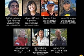 Photos issued by World Central Kitchen of (top row left to right) Palestinian Saifeddin Issam Ayad Abutaha, Australian national Lalzawmi "Zomi" Frankcom, Polish national Damian Sobol, American-Canadian dual citizen Jacob Flickinger and Britons (bottom row left to right) John Chapman, James "Jim" Henderson and James Kirby