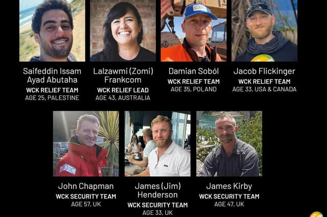 Photos issued by World Central Kitchen of (top row left to right) Palestinian Saifeddin Issam Ayad Abutaha, Australian national Lalzawmi "Zomi" Frankcom, Polish national Damian Sobol, American-Canadian dual citizen Jacob Flickinger and Britons (bottom row left to right) John Chapman, James "Jim" Henderson and James Kirby