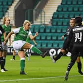 Siobhan Hunter scores for Hibernian against Slavia Prague in UEFA Women's Champions League action. (Photo by Ross MacDonald / SNS Group)