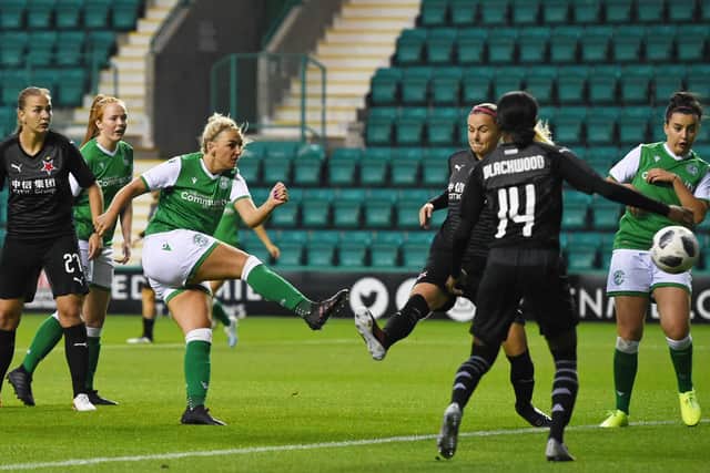 Siobhan Hunter scores for Hibernian against Slavia Prague in UEFA Women's Champions League action. (Photo by Ross MacDonald / SNS Group)