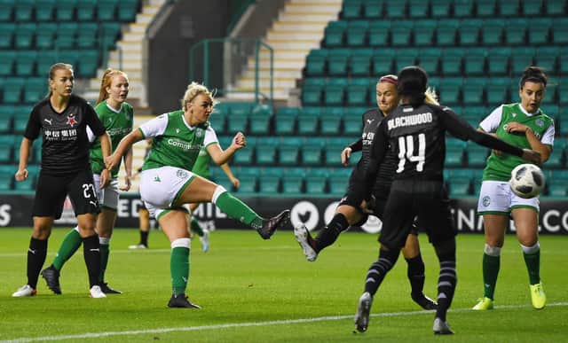 Siobhan Hunter scores for Hibernian against Slavia Prague in UEFA Women's Champions League action. (Photo by Ross MacDonald / SNS Group)