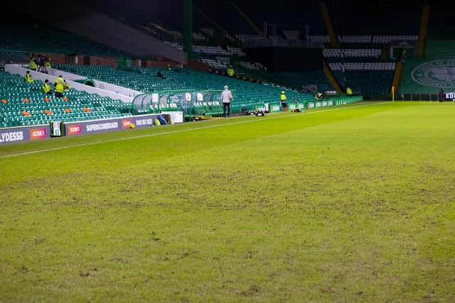 The threadbare section of the Celtic Park pitch last week. (Photo by Craig Williamson / SNS Group)