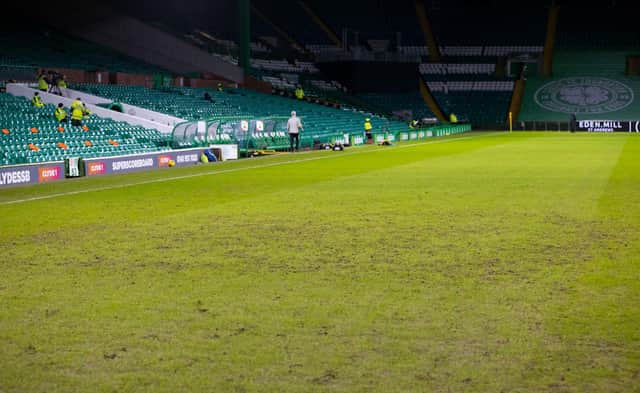 The threadbare section of the Celtic Park pitch last week. (Photo by Craig Williamson / SNS Group)