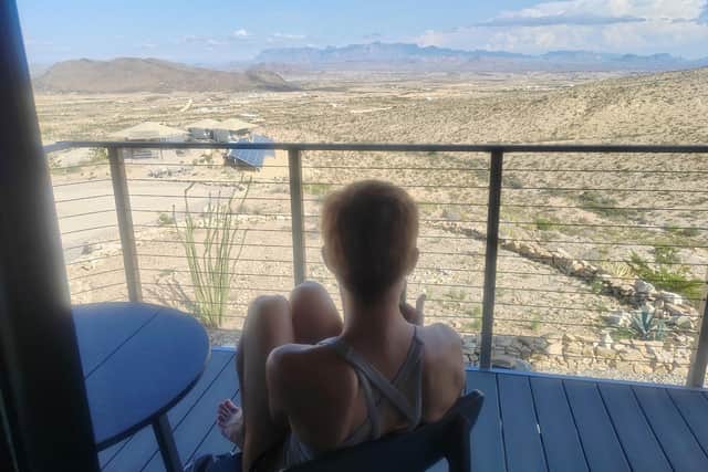View of the Christmas Mountains from the balcony of a pod at Camp Elena