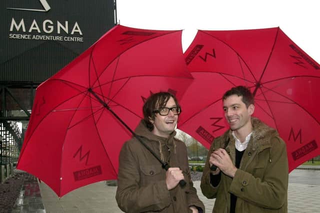 Jarvis Cocker and Steve Mackey of Pulp outside  Magna in Rotherham in 2002