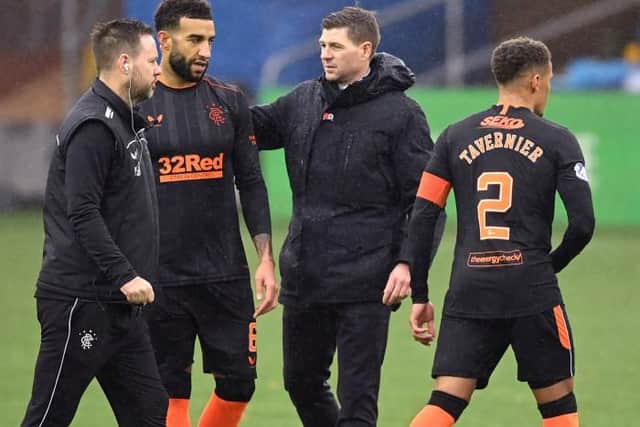 Rangers manager Steven Gerrard (centre) with Connor Goldson and James Tavernier at full time during a Scottish Premiership match between Kilmarnock and Rangers (Photo by Rob Casey / SNS Group)