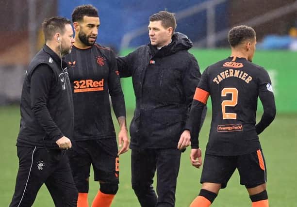 Rangers manager Steven Gerrard (centre) with Connor Goldson and James Tavernier at full time during a Scottish Premiership match between Kilmarnock and Rangers  (Photo by Rob Casey / SNS Group)