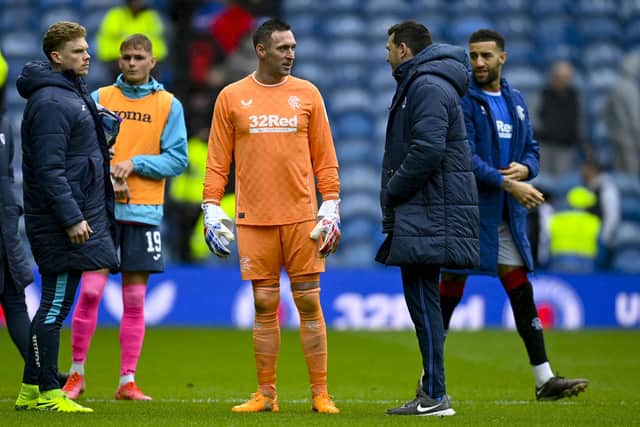 Raith manager Ian Murray with Rangers goalkeeper Allan McGregor at full time following the Scottish Cup quarter-final at Ibrox. (Photo by Rob Casey / SNS Group)