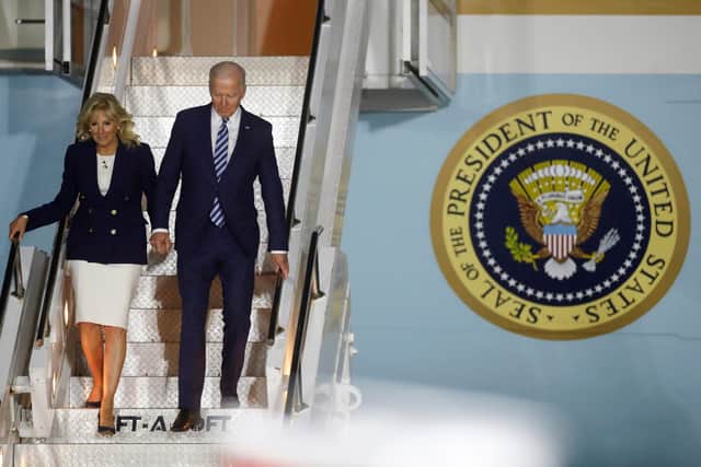 President Joe Biden and first lady Jill Biden disembark Air Force One upon arrival at Cornwall Airport Newquay, on June 9, 2021 near Newquay, Cornwall, England. On June 11, Prime Minister Boris Johnson will host the Group of Seven leaders at a three-day summit in Cornwall, as the wealthiest nations look to chart a course for recovery from the global pandemic. (Photo by Phil Noble - WPA Pool/Getty Images)