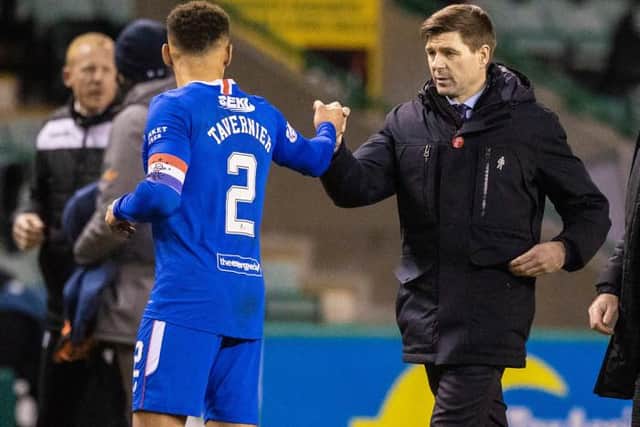 James Tavernier (L) and Steven Gerrard during a Scottish Premiership match between Hibernian and Rangers at Easter Road, on January 27, 2021, in Edinburgh, Scotland (Photo by Craig Williamson / SNS Group)