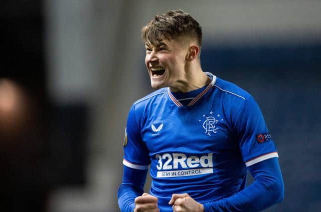Nathan Patterson celebrates after scoring his first ever goal for Rangers in their 5-2 Europa League win over Royal Antwerp at Ibrox on February 25. (Photo by Craig Williamson / SNS Group)