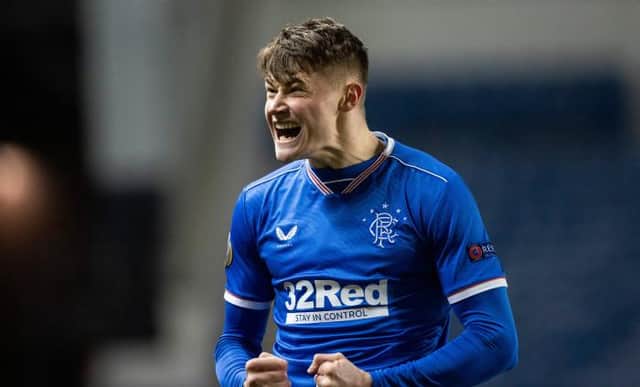 Nathan Patterson celebrates after scoring his first ever goal for Rangers in their 5-2 Europa League win over Royal Antwerp at Ibrox on February 25. (Photo by Craig Williamson / SNS Group)