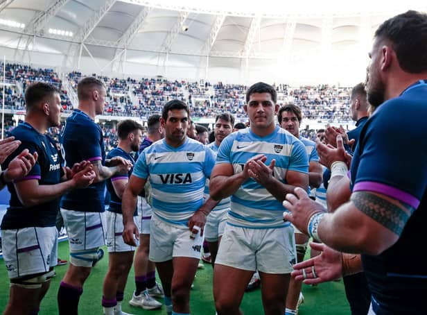 Scotland players applaud Argentina off the field after losing the series-deciding test match at the Madre de Ciudades Stadium last weekend. (Photo by PABLO GASPARINI/AFP via Getty Images)