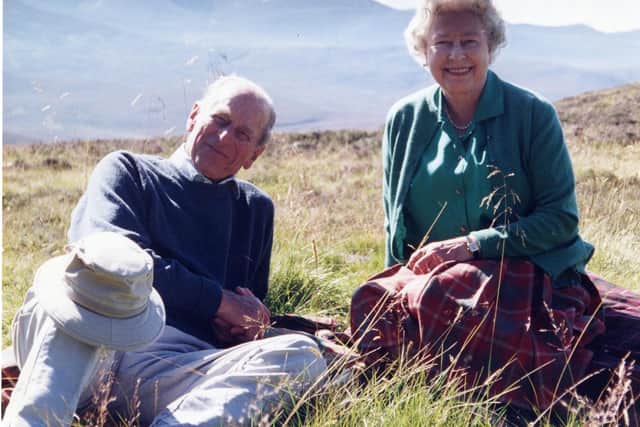 A personal photograph of the Queen Elizabeth II and the Duke of Edinburgh at the top of the Coyles of Muick, taken by The Countess of Wessex in 2003.