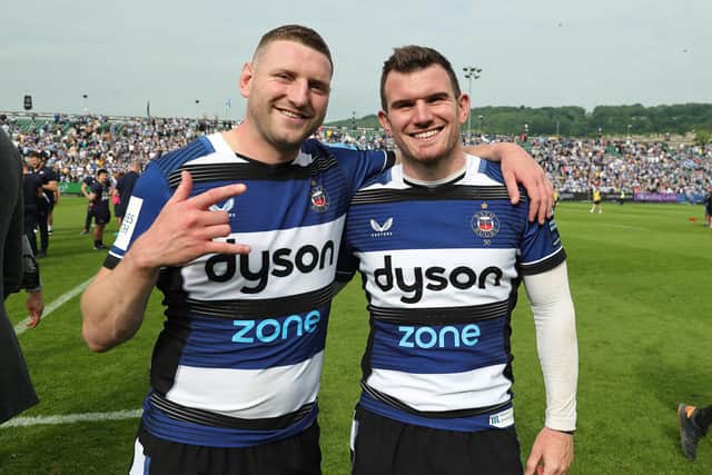 Bath half back pair of Finn Russell (L) and Ben Spencer celebrate victory.