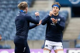 Jamie Ritchie, right, and Stuart Hogg during a Scotland training session at BT Murrayfield.  (Photo by Craig Williamson / SNS Group)