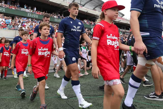 Ross Thompson steps onto the pitch prior to Scotland's tour match against Canada n Ottawa, Ontario. (Photo by Chris Tanouye/Getty Images for Scottish Rugby)