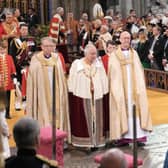 King Charles III arrives for his coronation ceremony in Westminster Abbey, London.