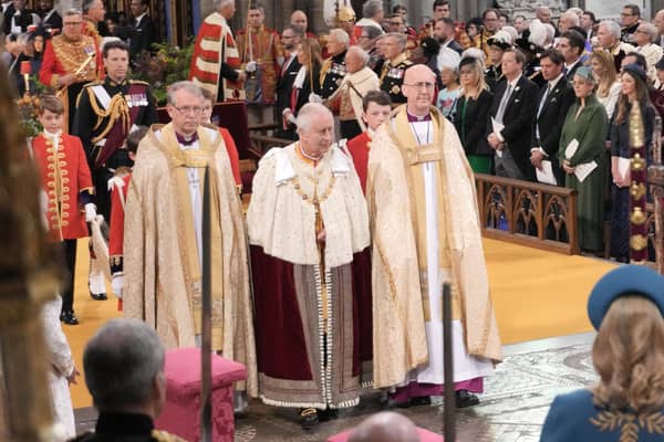 King Charles III arrives for his coronation ceremony in Westminster Abbey, London.