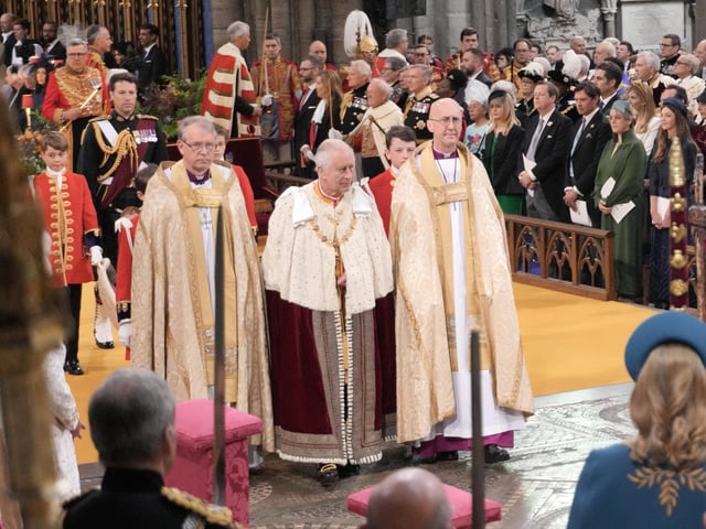 King Charles III arrives for his coronation ceremony in Westminster Abbey, London.