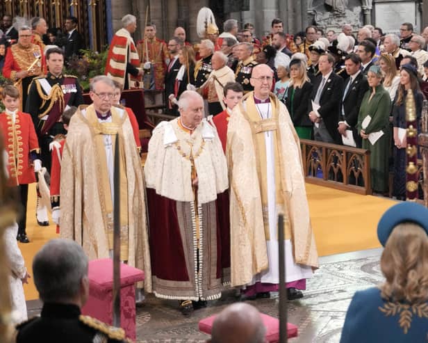 King Charles III arrives for his coronation ceremony in Westminster Abbey, London.