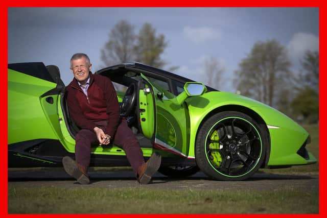 Willie Rennie drives a Lamborghini Huracan supercar at Ingliston Racing Circuit at the Royal Highland Centre. Pic: Jane Barlow