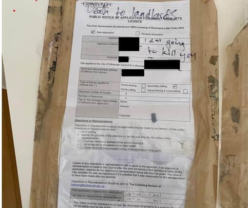 A death threat was left on a holiday let owner's licence in Edinburgh. Image: Supplied.