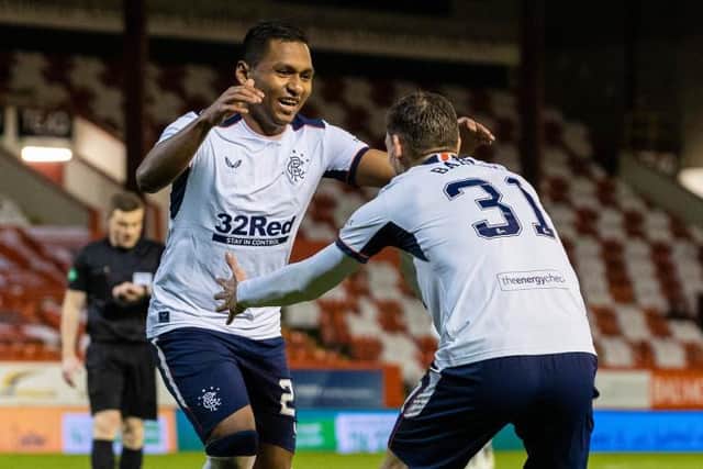Alfredo Morelos celebrates with Borna Barisic after scoring his second goal in Rangers' 2-1 win over Aberdeen at Pittodrie. (Photo by Alan Harvey / SNS Group)